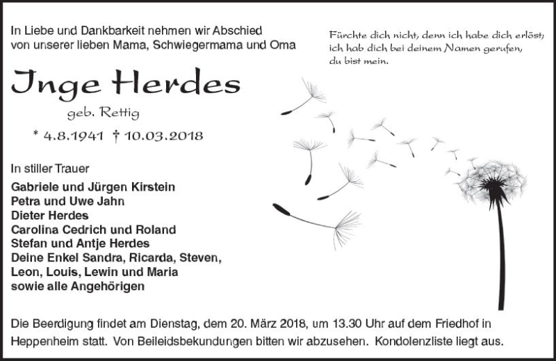  Traueranzeige für Inge Herdes vom 17.03.2018 aus Trauerportal Rhein Main Presse