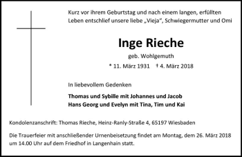 Traueranzeige von Inge Rieche von Trauerportal Rhein Main Presse