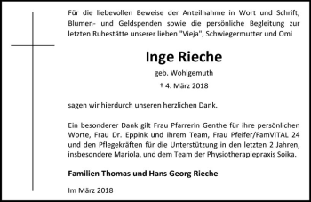 Traueranzeige von Inge Rieche von Trauerportal Rhein Main Presse