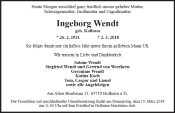 Traueranzeige von Ingeborg Wendt von Trauerportal Rhein Main Presse