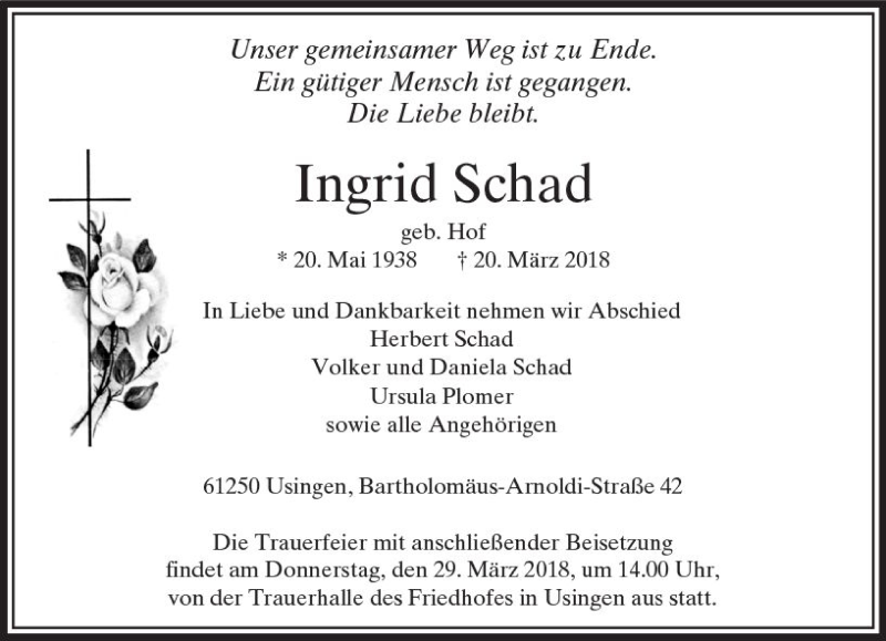  Traueranzeige für Ingrid Schad vom 24.03.2018 aus  Usinger Anzeiger
