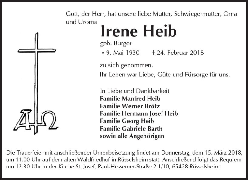  Traueranzeige für Irene Heib vom 10.03.2018 aus Trauerportal Rhein Main Presse