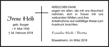 Traueranzeige von Irene Heib von Trauerportal Rhein Main Presse