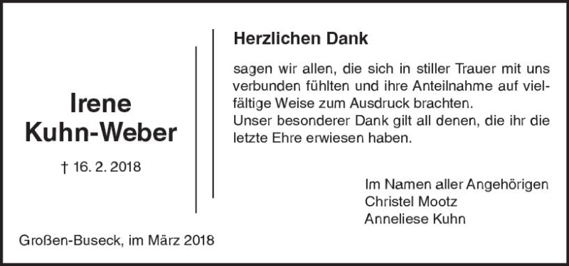  Traueranzeige für Irene Kuhn-Weber vom 03.03.2018 aus  Gießener Anzeiger