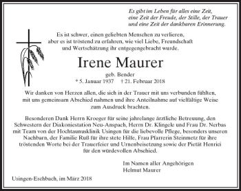 Traueranzeige von Irene Maurer von  Usinger Anzeiger