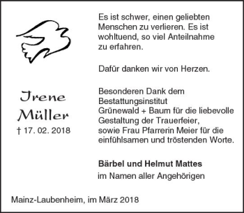 Traueranzeige von Irene Müller von Trauerportal Rhein Main Presse