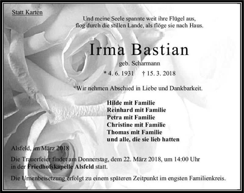  Traueranzeige für Irma Bastian vom 19.03.2018 aus VRM Trauer