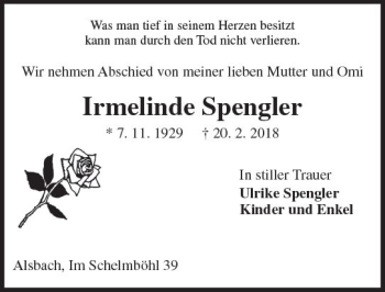 Traueranzeige von Irmelinde Spengler von Trauerportal Rhein Main Presse