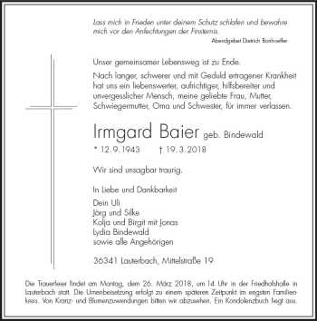 Traueranzeige von Irmgard Baier von VRM Trauer