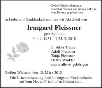 Traueranzeige von Irmgard Fleissner von  Gießener Anzeiger