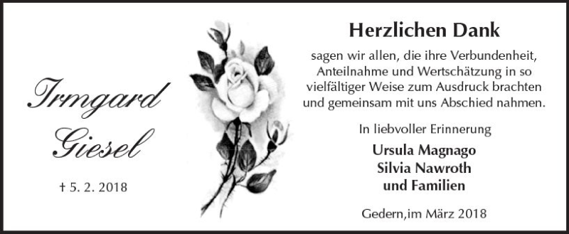  Traueranzeige für Irmgard Giesel vom 24.03.2018 aus  Kreisanzeiger