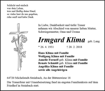 Traueranzeige von Irmgard Klima von Trauerportal Rhein Main Presse