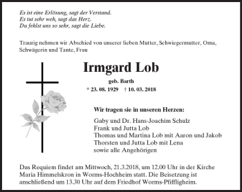 Traueranzeige von Irmgard Lob von Trauerportal Rhein Main Presse