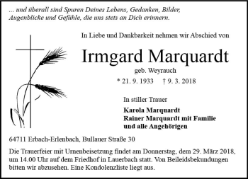 Traueranzeige von Irmgard Marquardt von Trauerportal Rhein Main Presse
