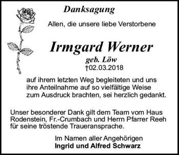 Traueranzeige von Irmgard Werner von Trauerportal Rhein Main Presse