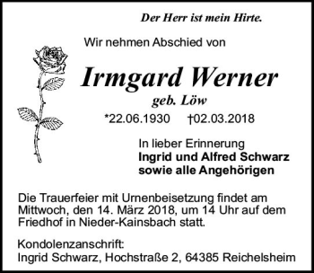 Traueranzeige von Irmgard Werner von Trauerportal Rhein Main Presse
