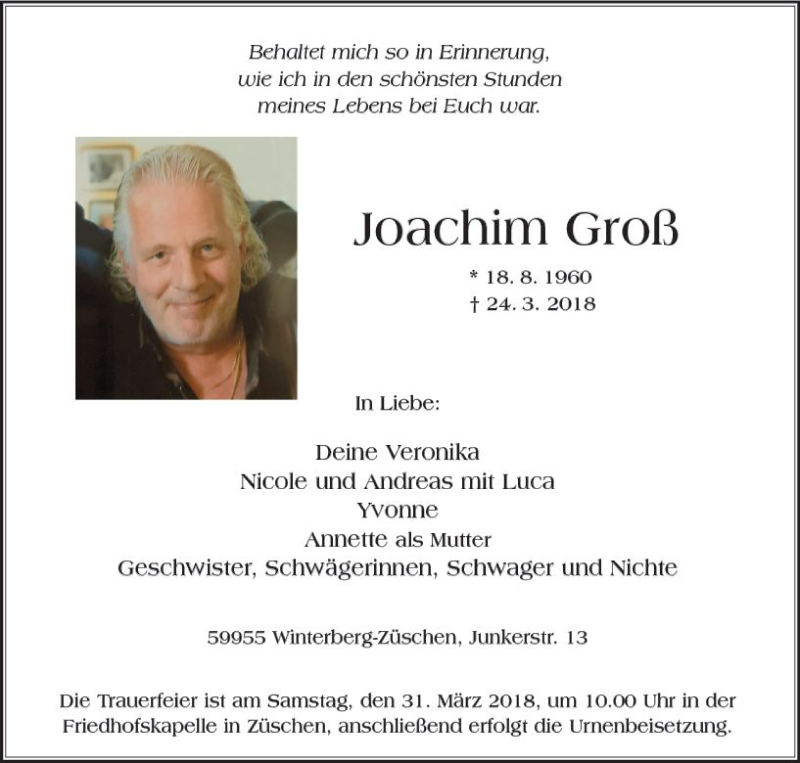  Traueranzeige für Joachim Groß vom 28.03.2018 aus  Gießener Anzeiger