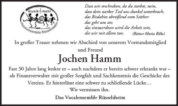 Traueranzeige von Jochen Hamm von Trauerportal Rhein Main Presse