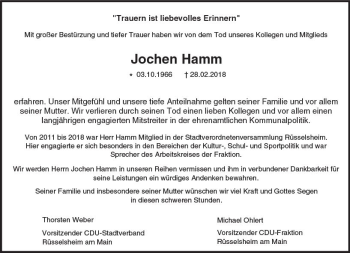 Traueranzeige von Jochen Hamm von Trauerportal Rhein Main Presse