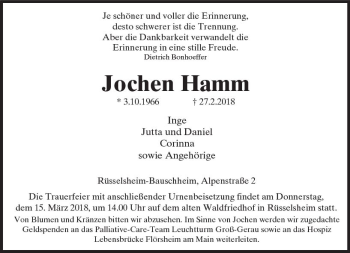 Traueranzeige von Jochen Hamm von Trauerportal Rhein Main Presse
