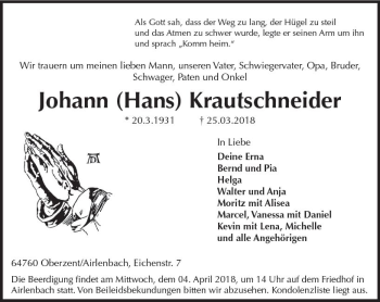 Traueranzeige von Johann Krautschneider von Trauerportal Rhein Main Presse