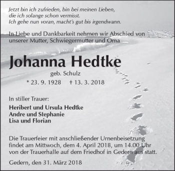 Traueranzeige von Johanna Hedtke von  Kreisanzeiger
