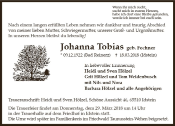Traueranzeige von Johanna Tobias von Trauerportal Rhein Main Presse