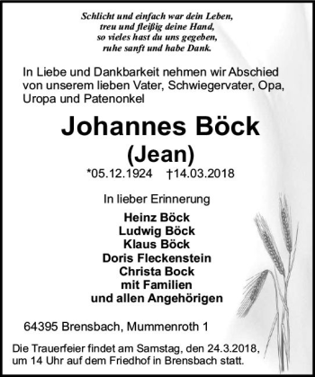 Traueranzeige von Johannes Böck von Trauerportal Rhein Main Presse