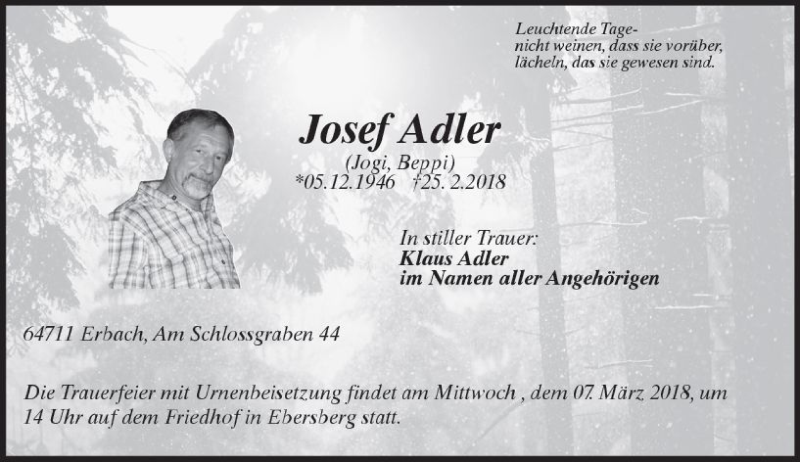  Traueranzeige für Josef Adler vom 03.03.2018 aus Trauerportal Rhein Main Presse