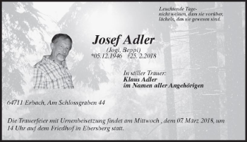 Traueranzeige von Josef Adler von Trauerportal Rhein Main Presse