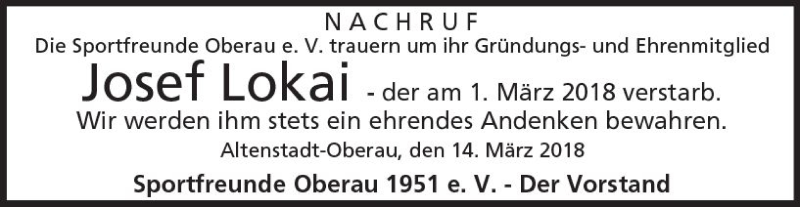  Traueranzeige für Josef Lokai vom 14.03.2018 aus  Kreisanzeiger