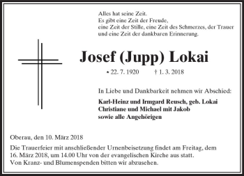 Traueranzeige von Josef Lokai von  Kreisanzeiger