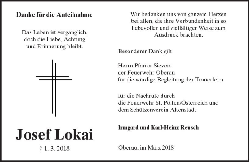  Traueranzeige für Josef Lokai vom 31.03.2018 aus  Kreisanzeiger
