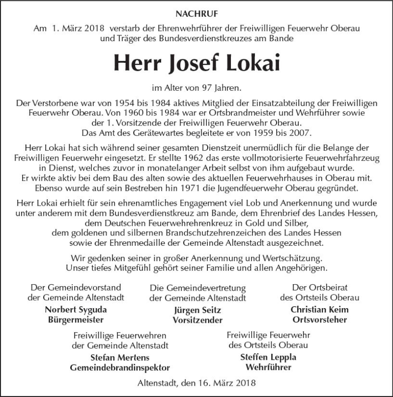  Traueranzeige für Josef Lokai vom 16.03.2018 aus  Kreisanzeiger