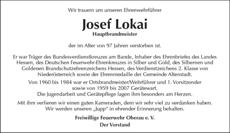  Traueranzeige für Josef Lokai vom 10.03.2018 aus  Kreisanzeiger