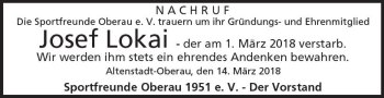 Traueranzeige von Josef Lokai von  Kreisanzeiger