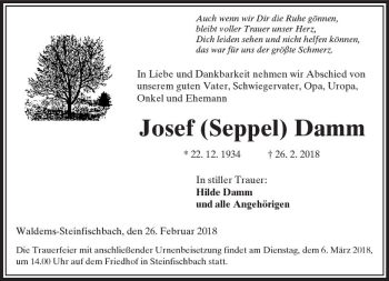 Traueranzeige von Josef Seppel Damm von  Camberger Anzeiger
