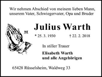 Traueranzeige von Julius Warth von Trauerportal Rhein Main Presse