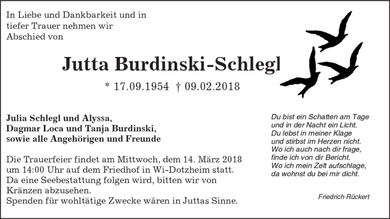  Traueranzeige für Jutta Burdinski-Schlegl vom 03.03.2018 aus Trauerportal Rhein Main Presse