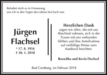 Traueranzeige von Jürgen Flachsel von  Camberger Anzeiger