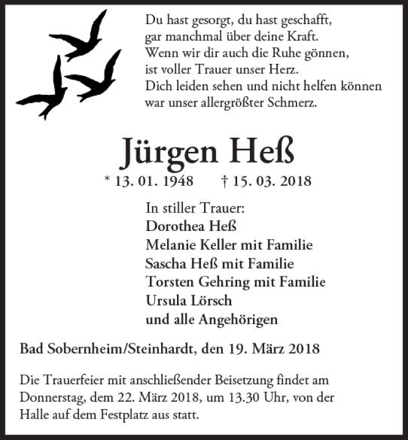  Traueranzeige für Jürgen Heß vom 19.03.2018 aus Trauerportal Rhein Main Presse