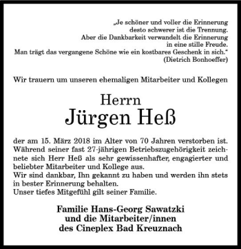 Traueranzeige von Jürgen Heß von Trauerportal Rhein Main Presse