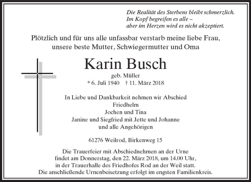  Traueranzeige für Karin Busch vom 19.03.2018 aus  Usinger Anzeiger