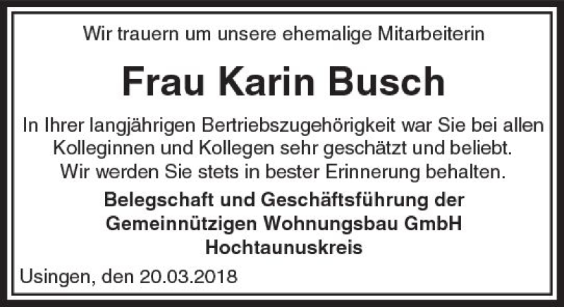  Traueranzeige für Karin Busch vom 20.03.2018 aus  Usinger Anzeiger