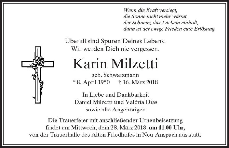  Traueranzeige für Karin Milzetti vom 24.03.2018 aus  Usinger Anzeiger