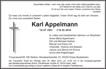 Traueranzeige von Karl Appelmann von Trauerportal Rhein Main Presse