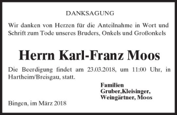 Traueranzeige von Karl-Franz Moos von Trauerportal Rhein Main Presse