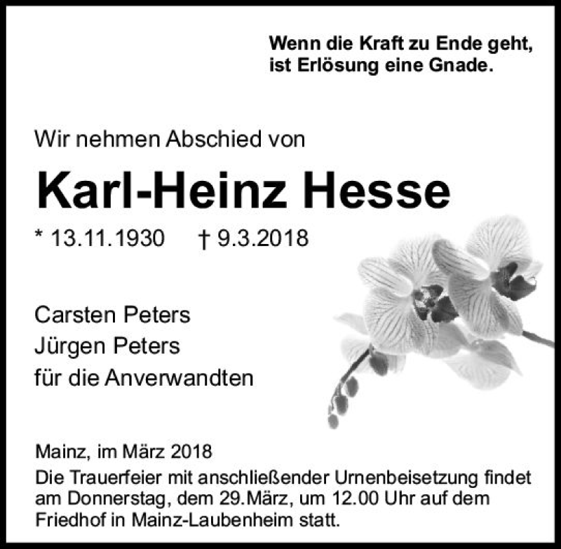  Traueranzeige für Karl-Heinz Hesse vom 24.03.2018 aus Trauerportal Rhein Main Presse