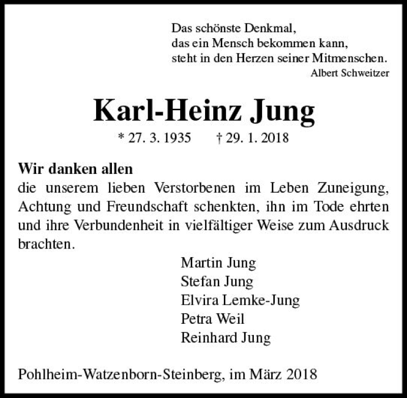  Traueranzeige für Karl-Heinz Jung vom 03.03.2018 aus  Gießener Anzeiger