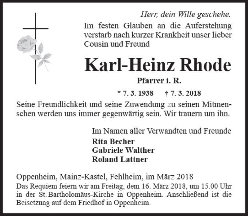  Traueranzeige für Karl-Heinz Rhode vom 14.03.2018 aus Trauerportal Rhein Main Presse